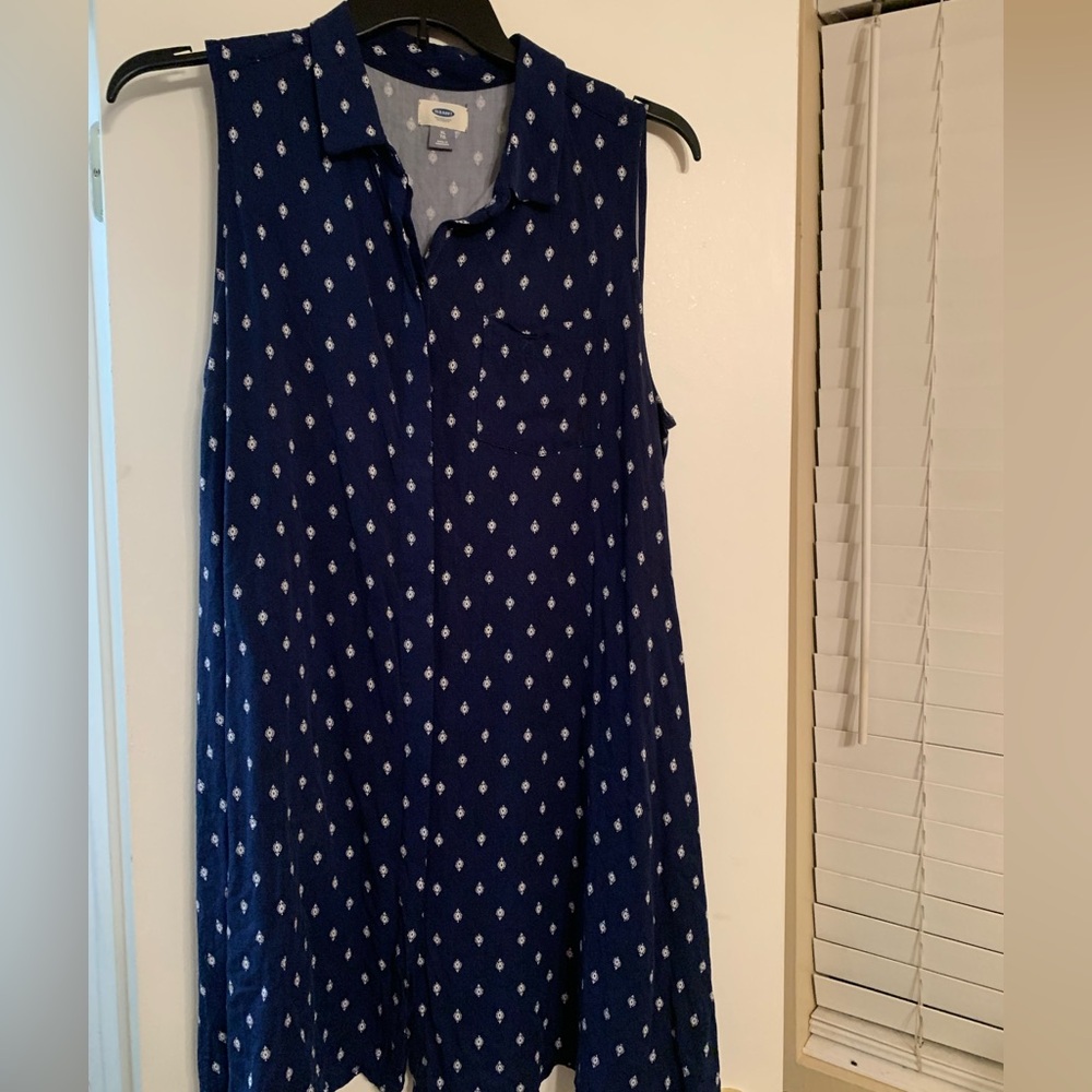 Old Navy Sleeveless Navy Blue Collared Dress with White Pattern Size XL X-Large